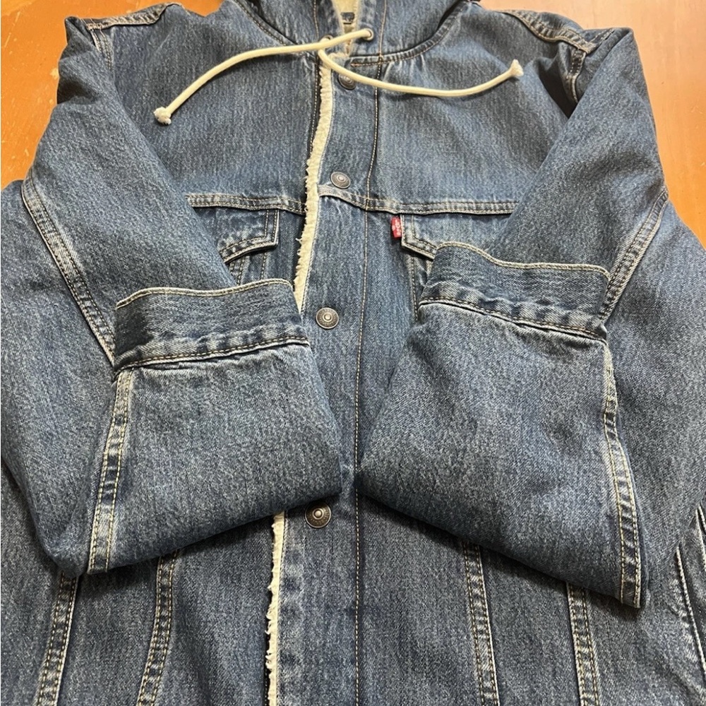 Levi's 72795 Sherpa Lined Hooded Denim Extended Length Jacket M Rare Oversized - Picture 13 of 13